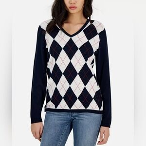 TOMMY HILFIGER Womens Cotton Argyle V-Neck Sweater Navy White Long Sleeves Sz XL
